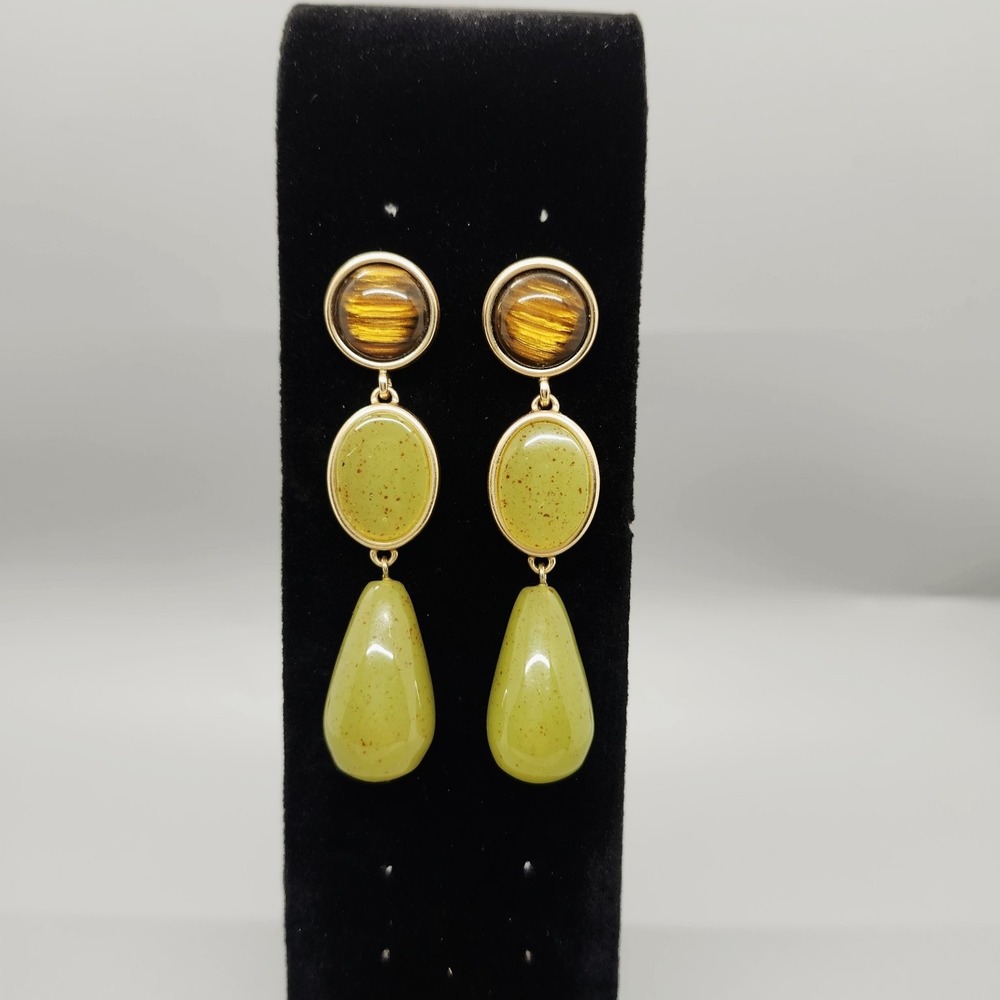 Dangle Drop Earrings 3" Gold Tone Amber Brown Olive Green Fashion Jewelry